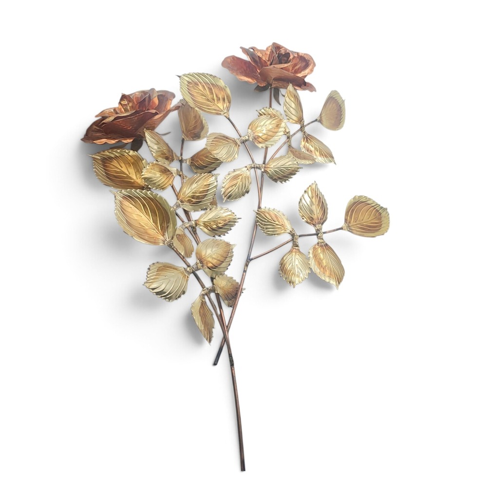 Vintage Brass Tone Metal Rose Sculpture Pair Floral Wall Art Mid Century Modern
